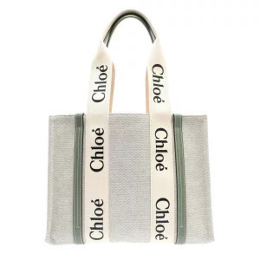 Chloe WOODY Tote Bag Beige Cream Jade Green Canvas Leather